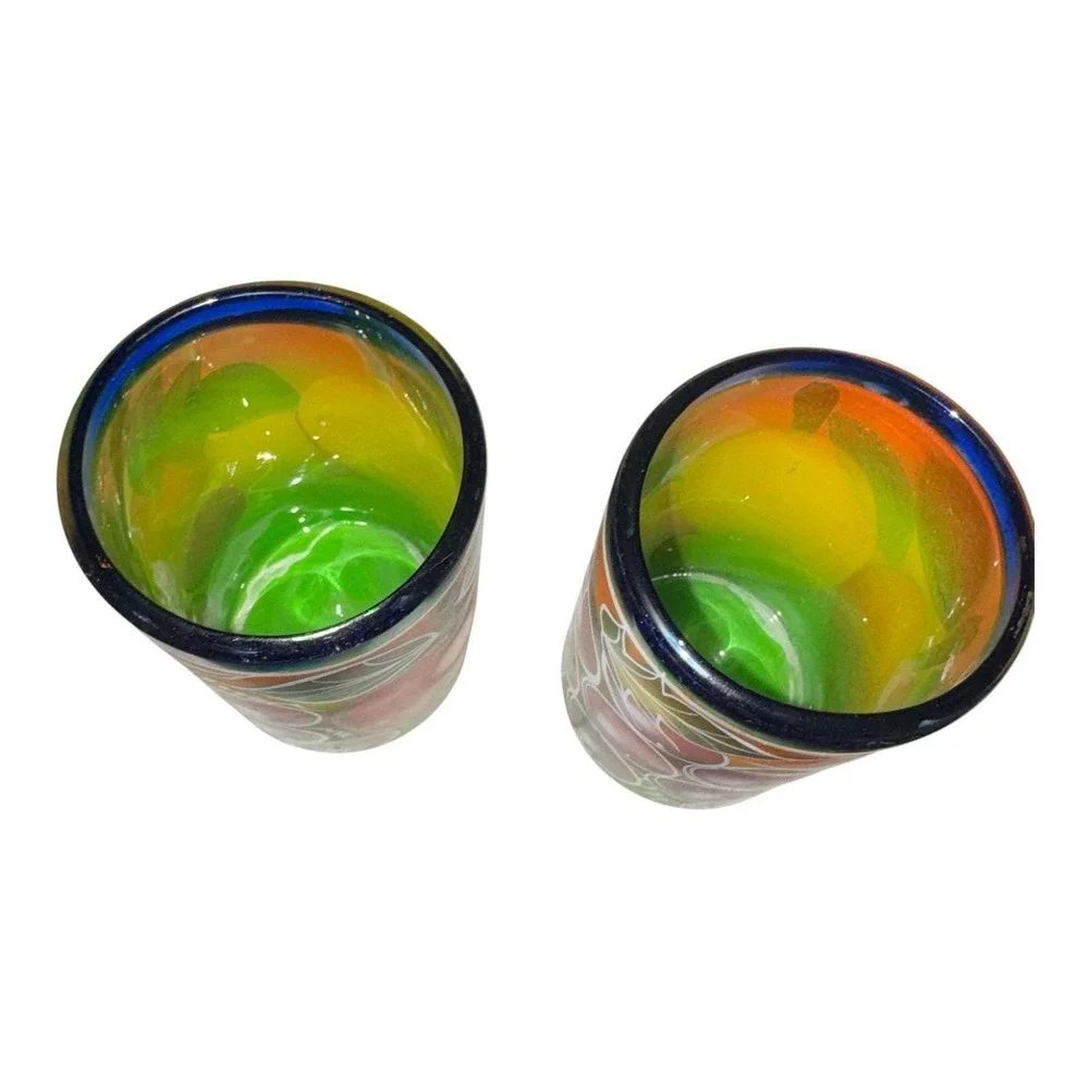 Vintage Mexican Hand Blown Painted Fruit Glass Tumblers Cobalt Blue Rim Set